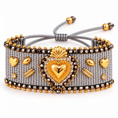 Pulsera Ancha Tejida Plateada-Dorada Con dijes surtidos en Macrame Amore