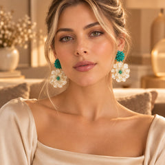 Aretes Maxi Flor Nácar Tejido Cristal Turquesa Esplendor