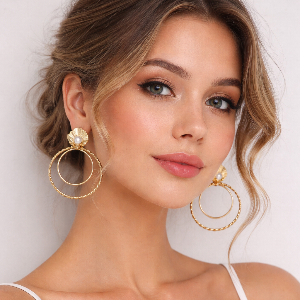 Aretes Aros Concha Y Perla Dorados - Bambú Rosa Joyas y Accesorios