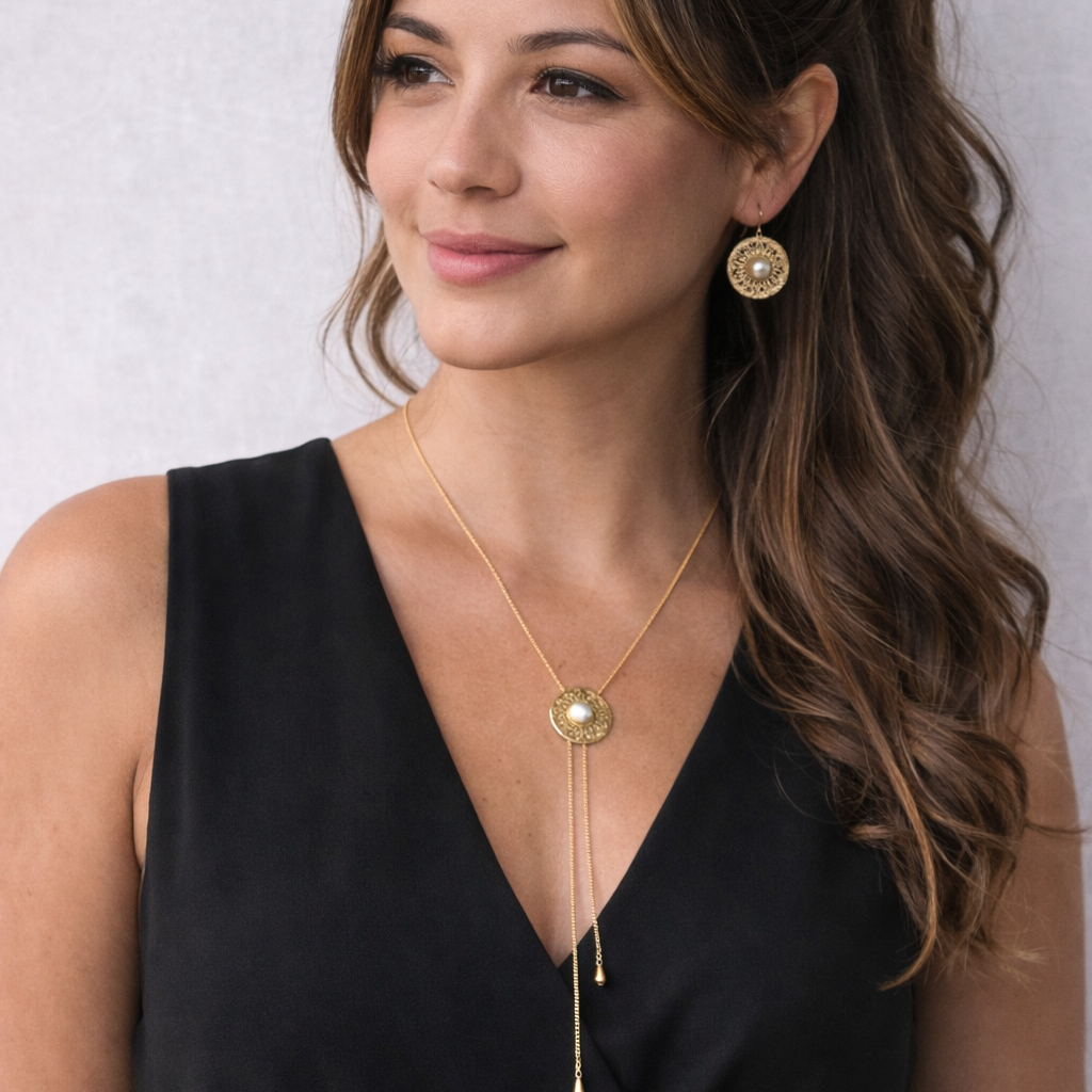 Set Collar Corbatin Y Aretes Semilla Perla Dorado - Bambú Rosa Joyas y Accesorios