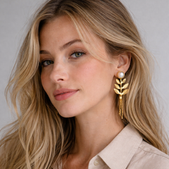 Aretes Topo y Hoja Ramada Perla Dorados - Bambú Rosa Joyas y Accesorios