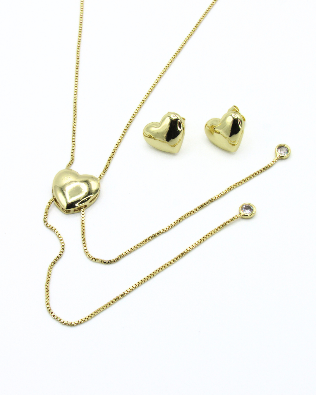Set Collar Y Aretes Corazón Y Cristales Latidos Dorado