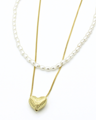 Collar Dorado Doble Corazon Perla