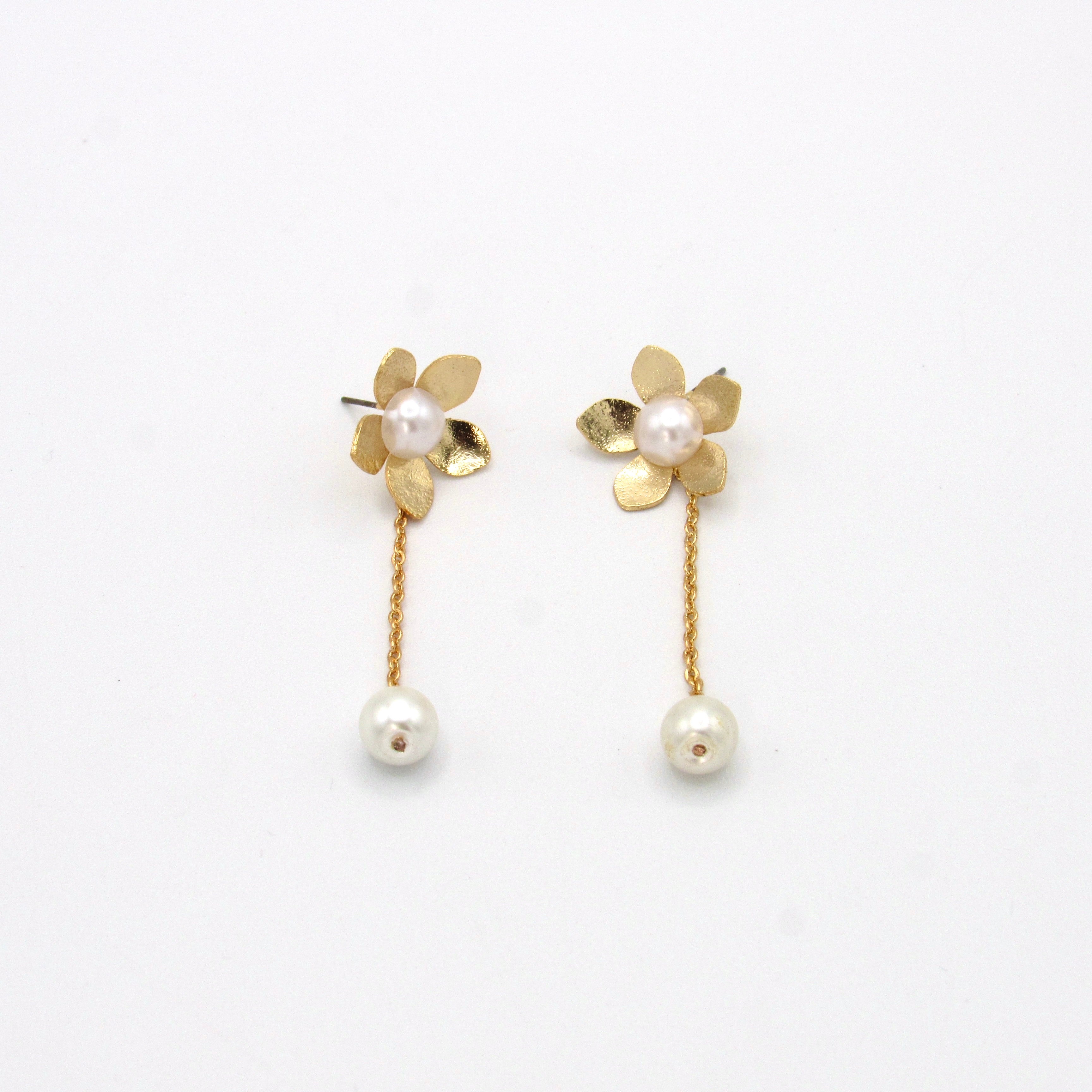 Aretes Topos Flor 5 Petalos Cadena Dorados