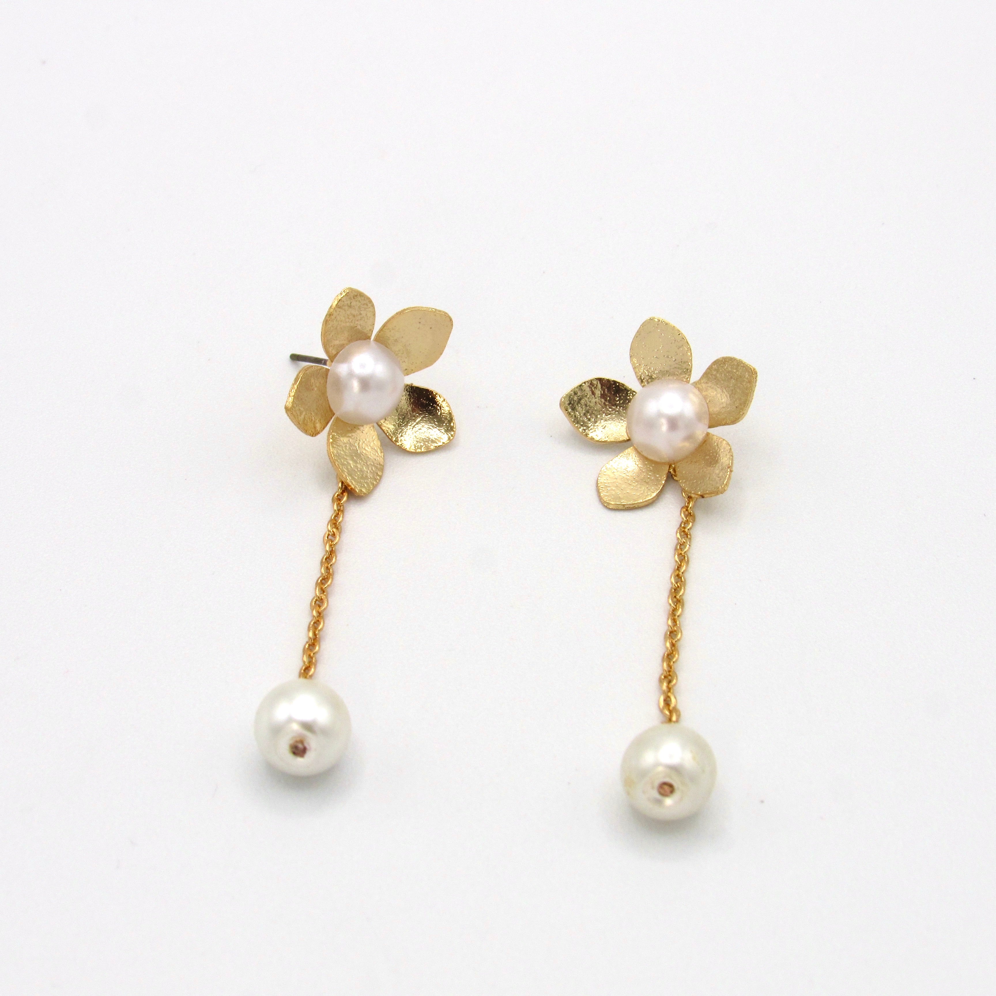 Aretes Topos Flor 5 Petalos Cadena Dorados