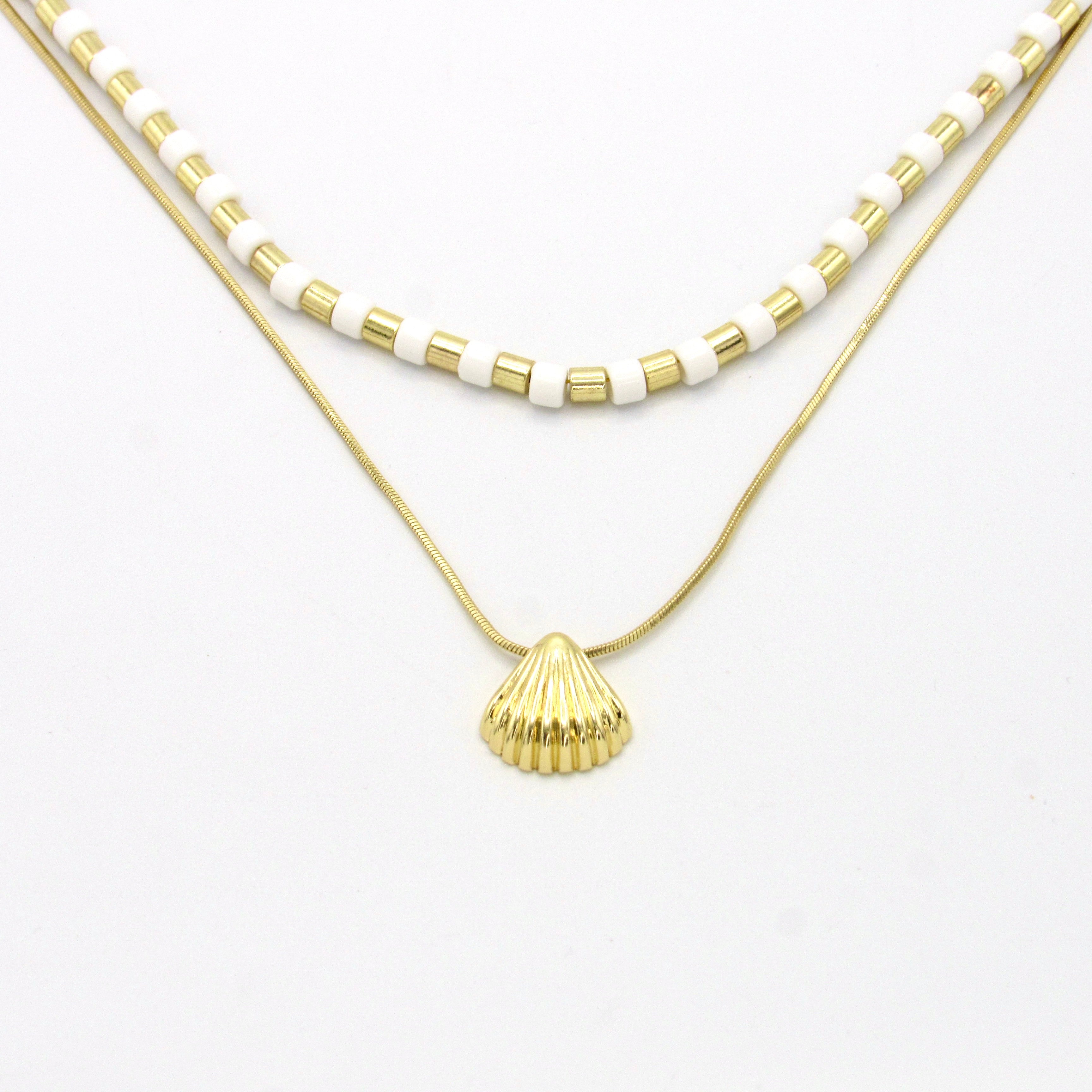 Collar Doble Concha Dorado-Blanco