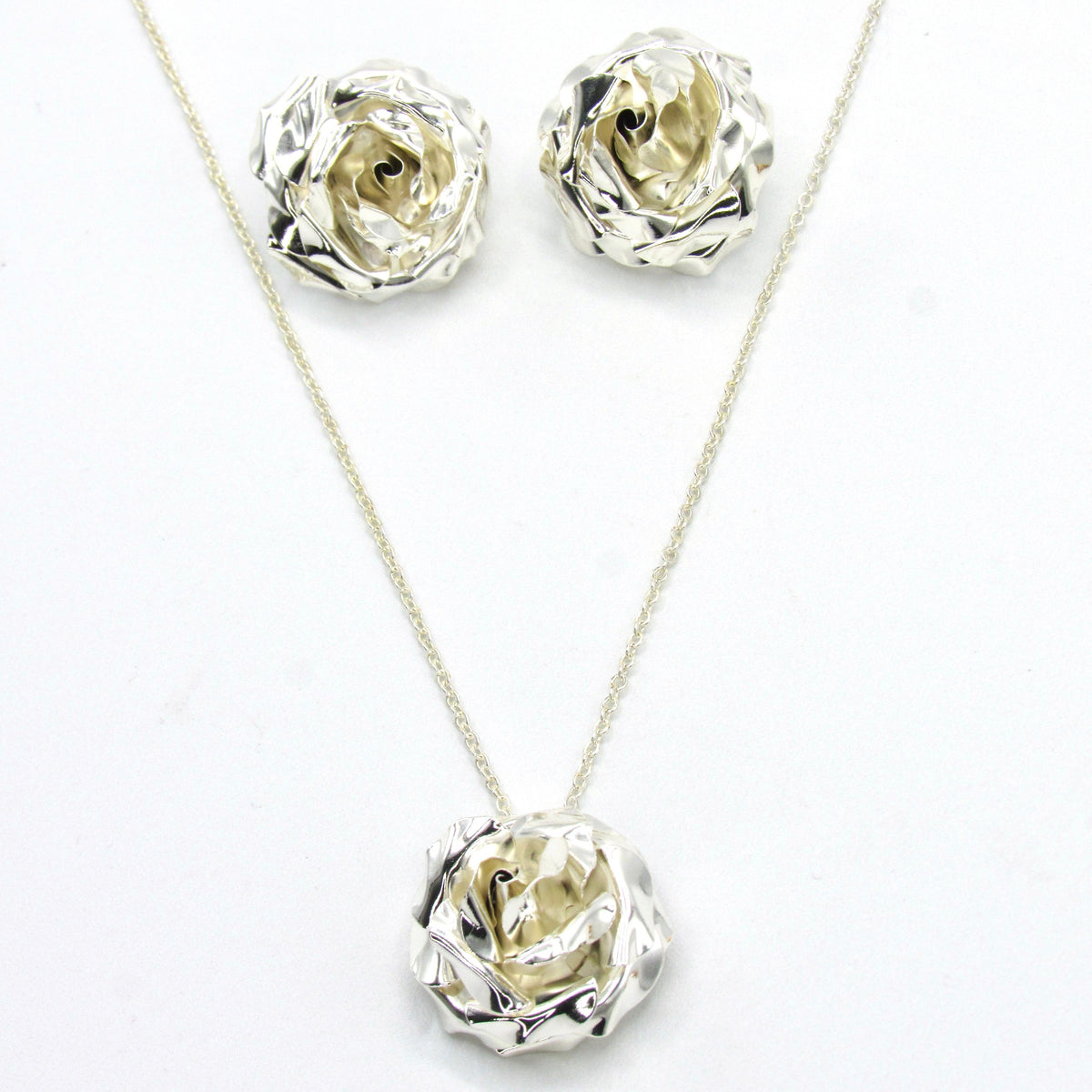 Set Collar Y Aretes Topos Rosa Plateado