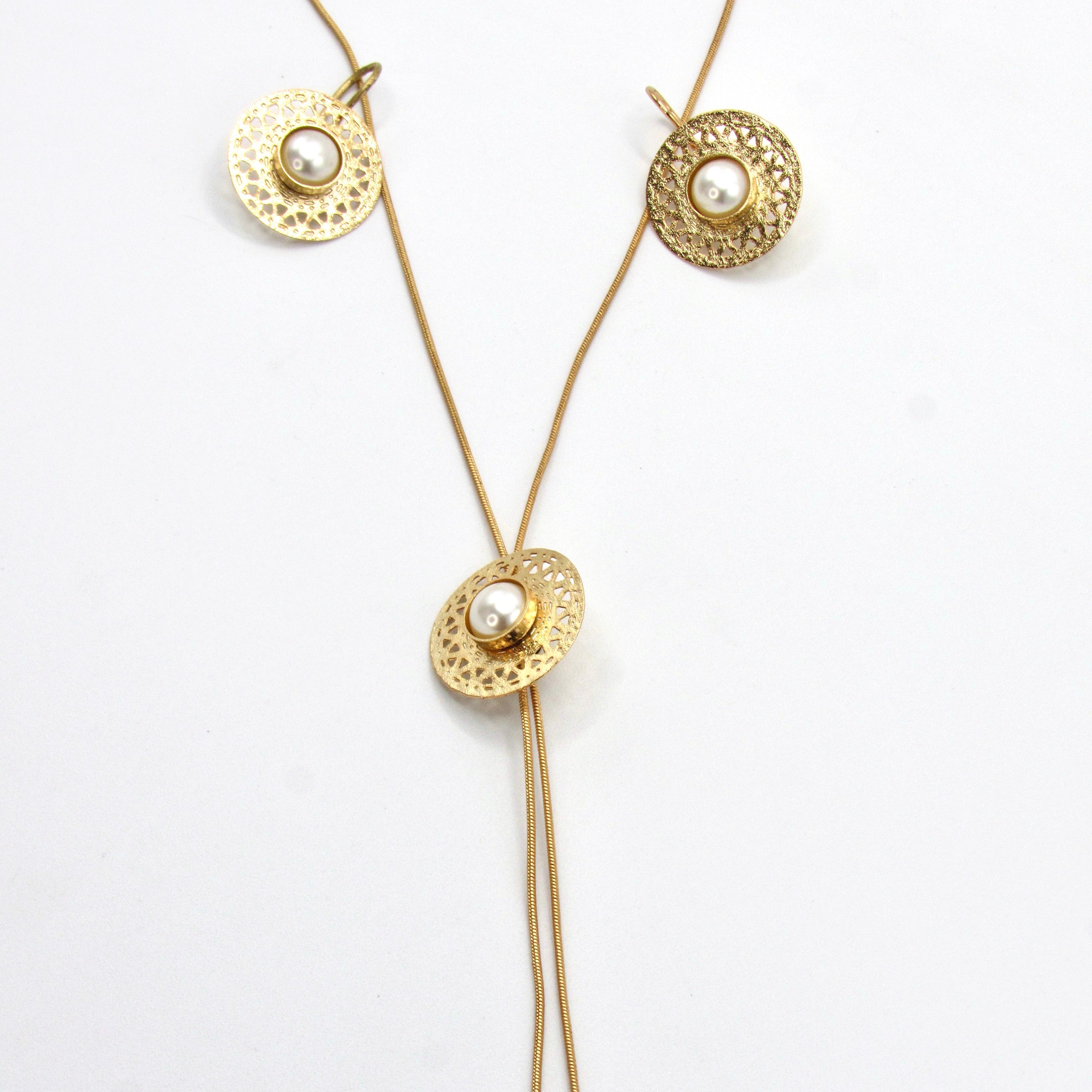 Set Collar Corbatin Y Aretes  Semilla Perla Dorado