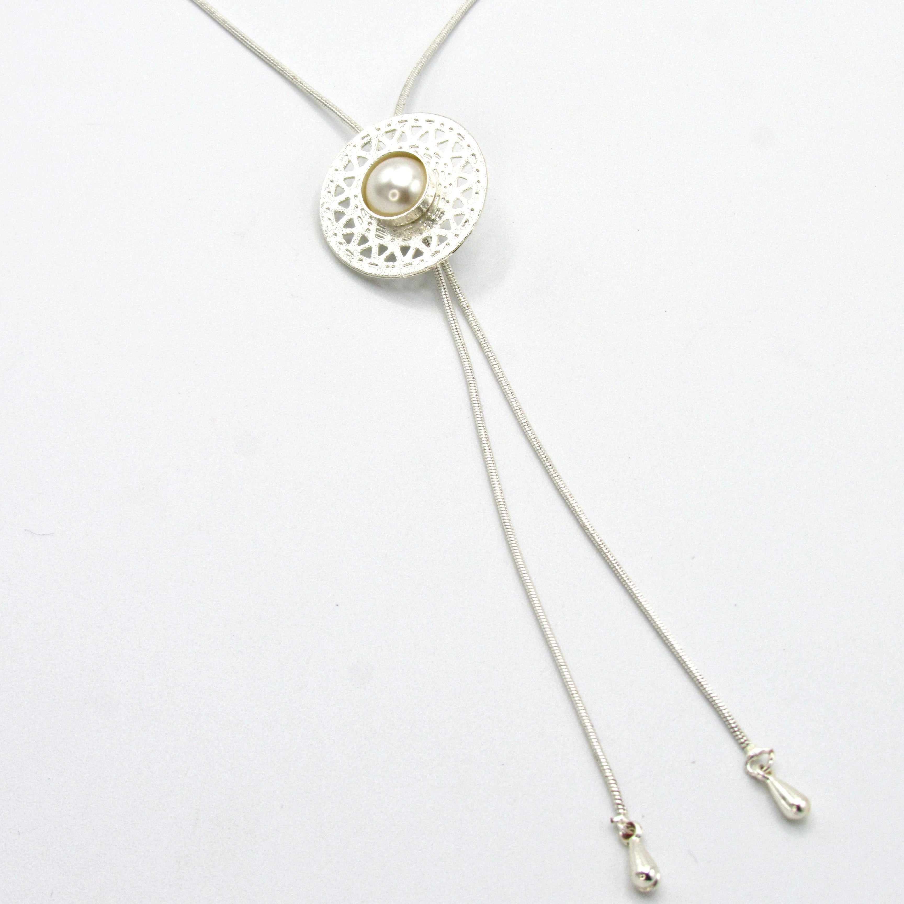 Set Collar Corbatin Y Aretes  Semilla Perla Plateado