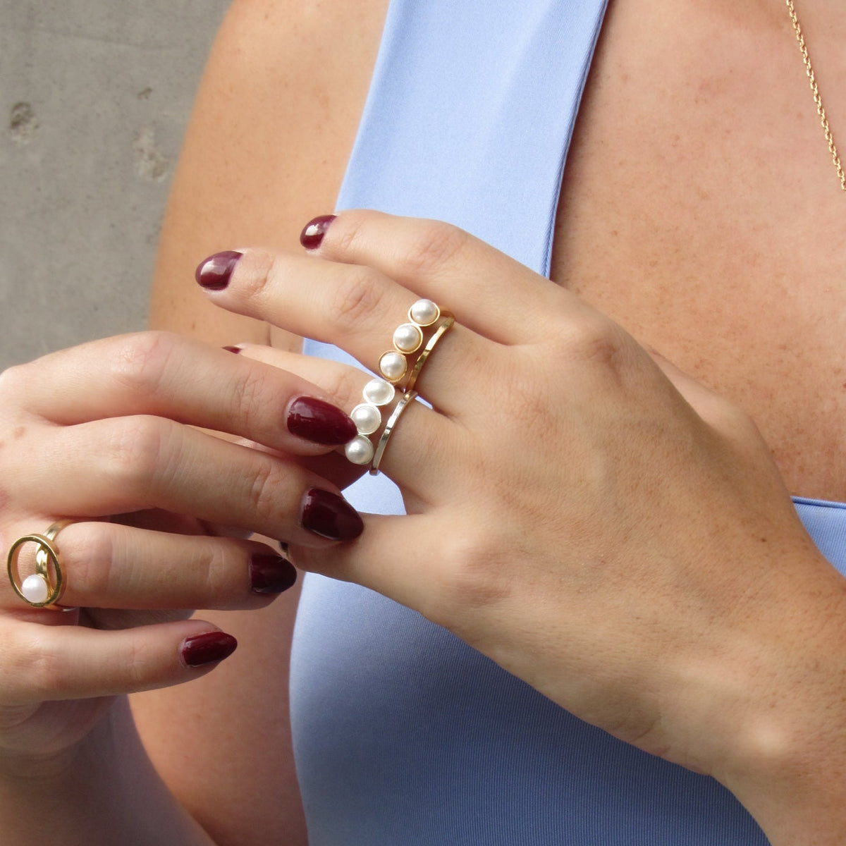 Anillo Triple Perla Espiral Plateado Madres