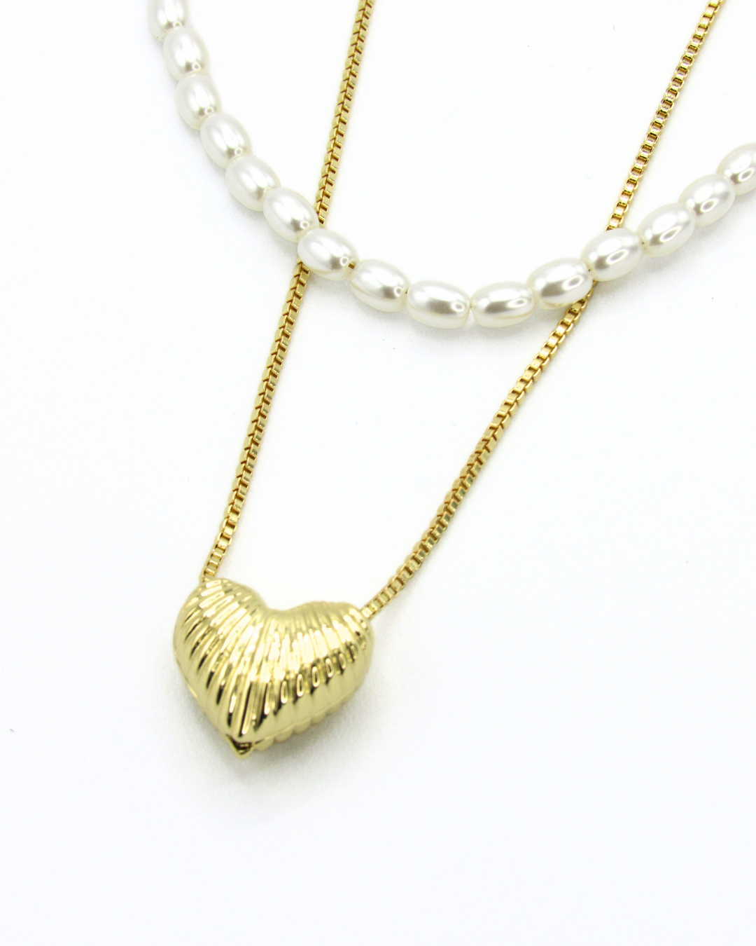 Collar Dorado Doble Corazon Perla