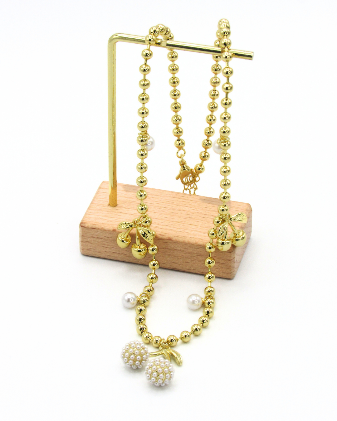 Collar Cerezas Doradas Con Perlas