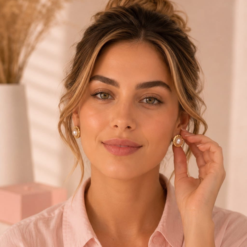 Aretes Topos Bola Perla Dorados Florecer - Bambú Rosa Joyas y Accesorios 