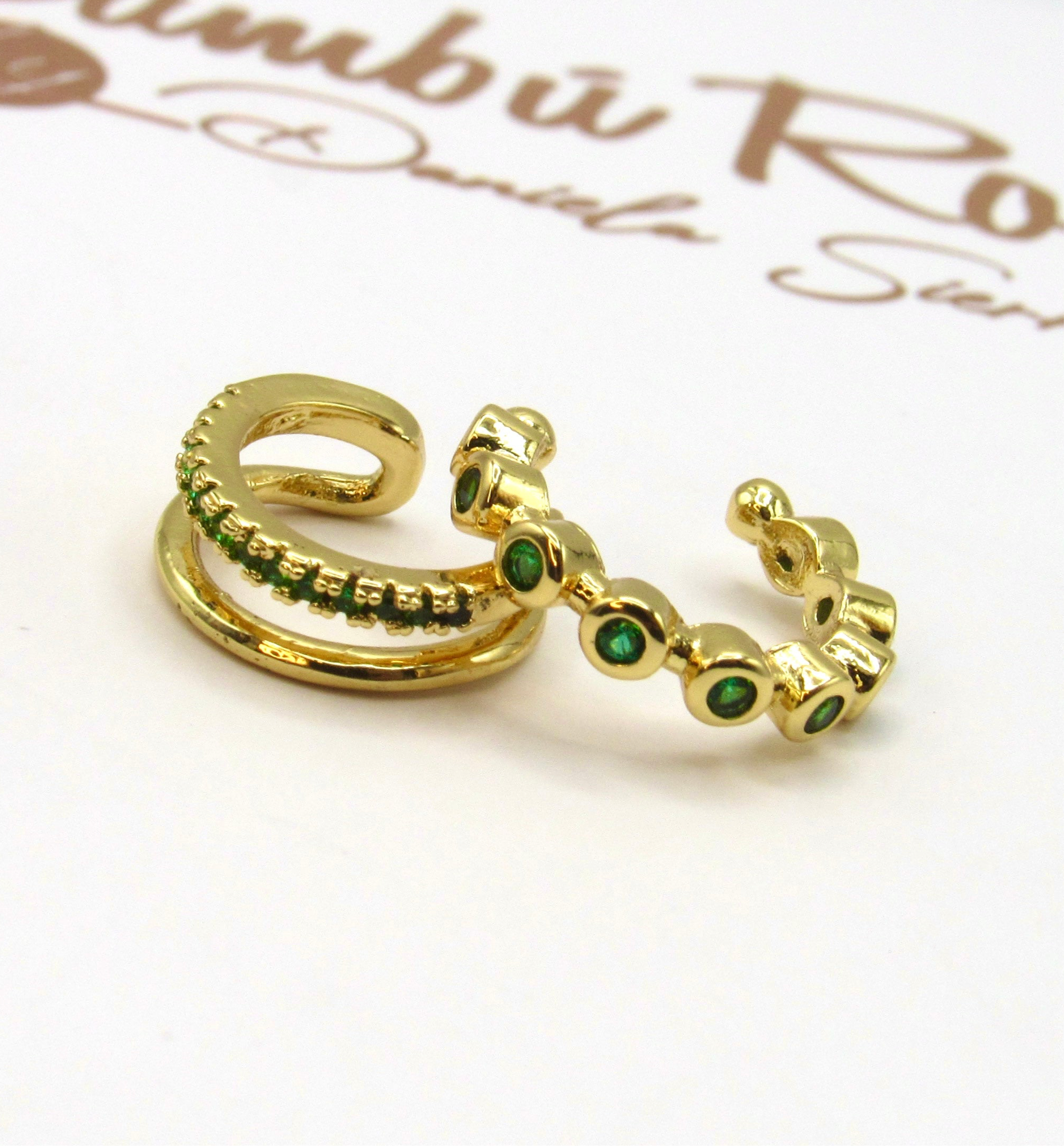 Ear Cuff X2 Cristales Verde Dorado