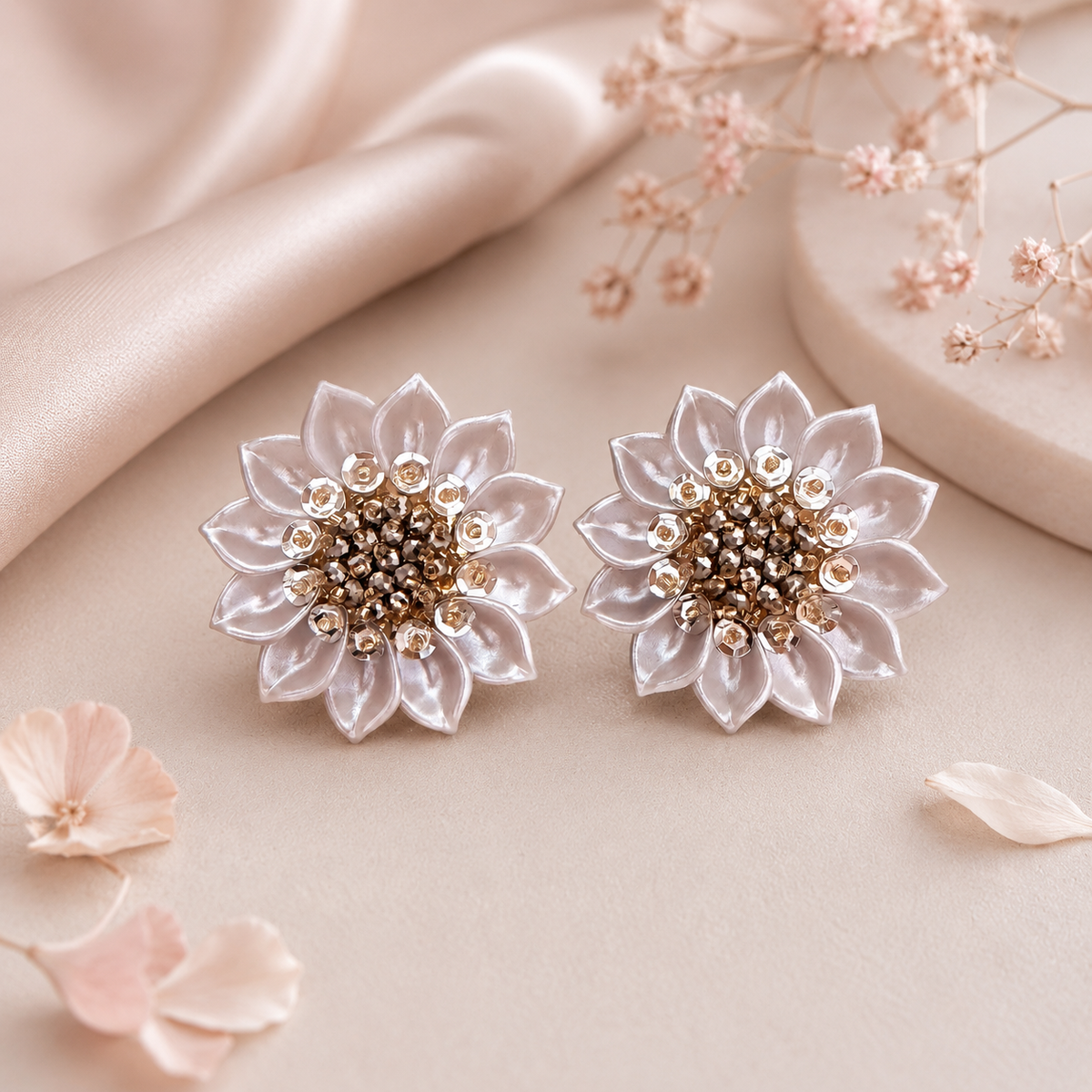 Aretes Maxi Topos Nácar Margarita Tejidos Plateados Amaré