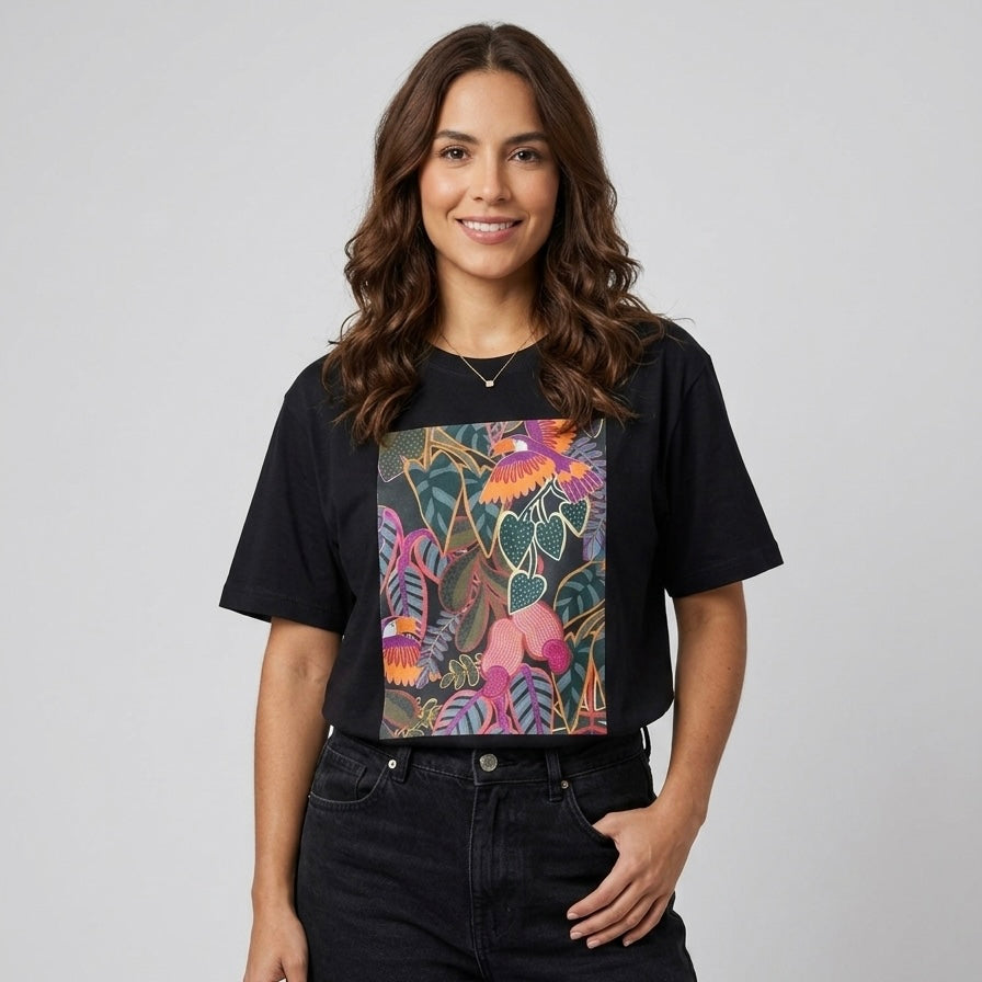 Camiseta manga corta negra estampada selva - Bambú Rosa Joyas y Accesorios 