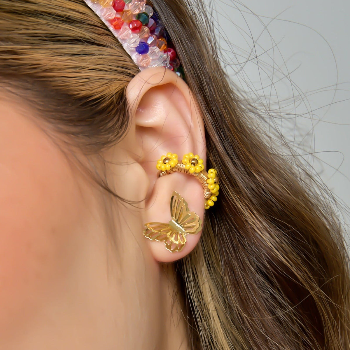 Ear Cuff Flores Amarillas Entorchado Dorado