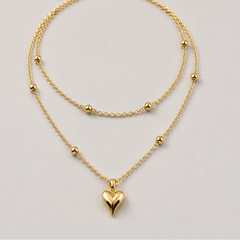 Collar Doble Cadena Balines Corazón Dorado Aura