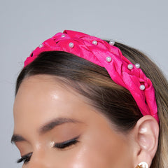 Diadema Perlas Tejido Trenza Fucsia