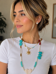 Set Collar Doble Piedra Natural Dije Sol Y Topo Perla Aura