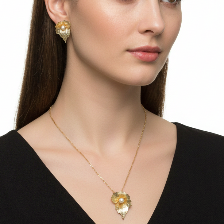 Set Collar y Aretes Media Hoja y perlas Dorado