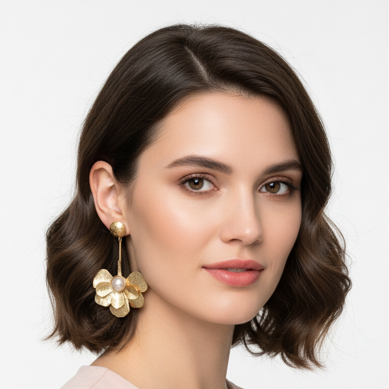 Aretes largos Flores y perlas Dorados