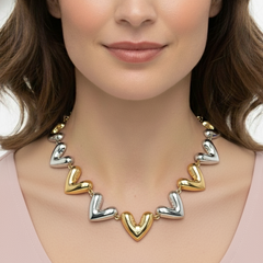 Collar Eslabones De Corazón Dorado Y Plateado