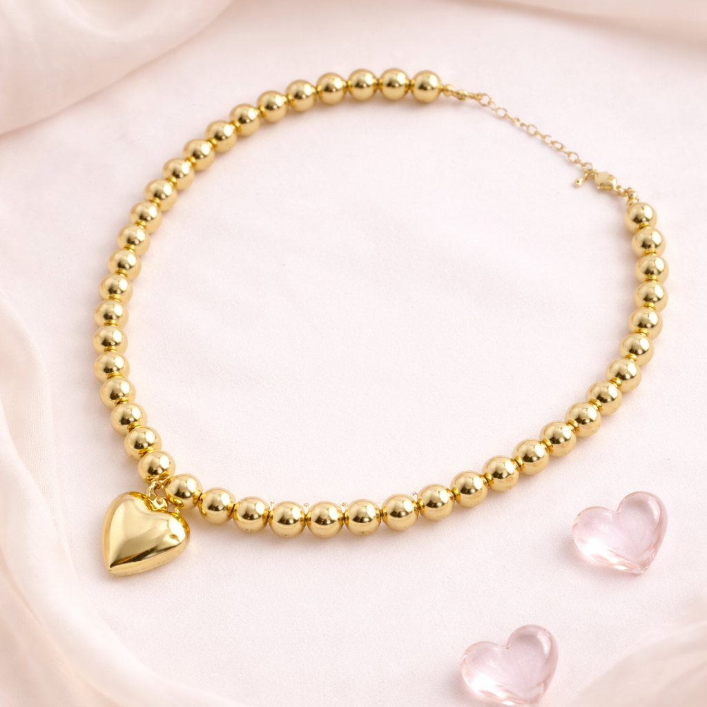 Collar Esferas Y Corazon Maxi Dorado - Bambú Rosa Joyas y Accesorios 