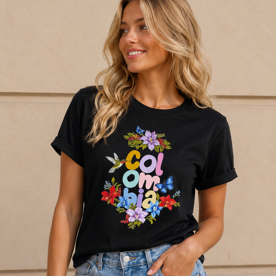 Camiseta manga corta Colombia feria flores negra