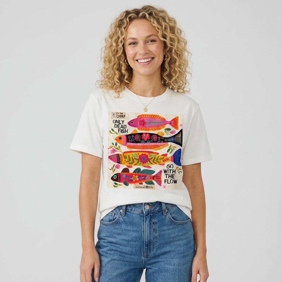 Camiseta manga corta blanca estampada peces colores - Bambú Rosa Joyas y Accesorios 