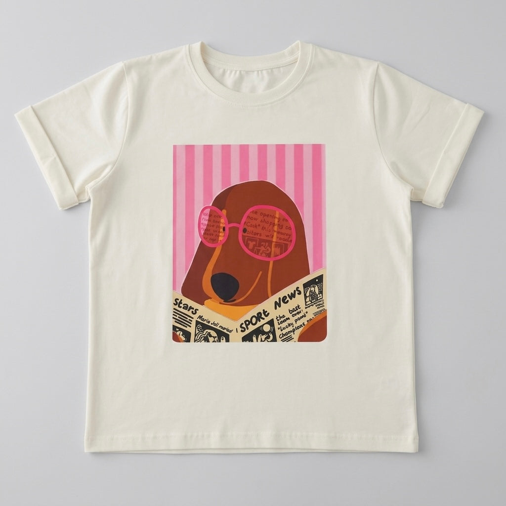 Camiseta manga corta blanca estampada Perro gafas - Bambú Rosa Joyas y Accesorios 
