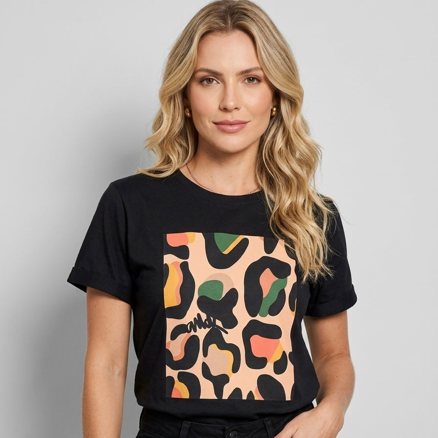 Camiseta manga corta negra estampada animal print colores - Bambú Rosa Joyas y Accesorios 