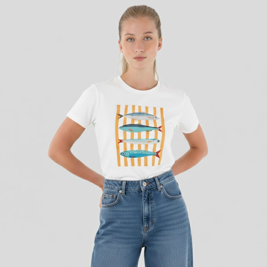 Camiseta manga corta estampada peces rayas - Bambú Rosa Joyas y Accesorios 