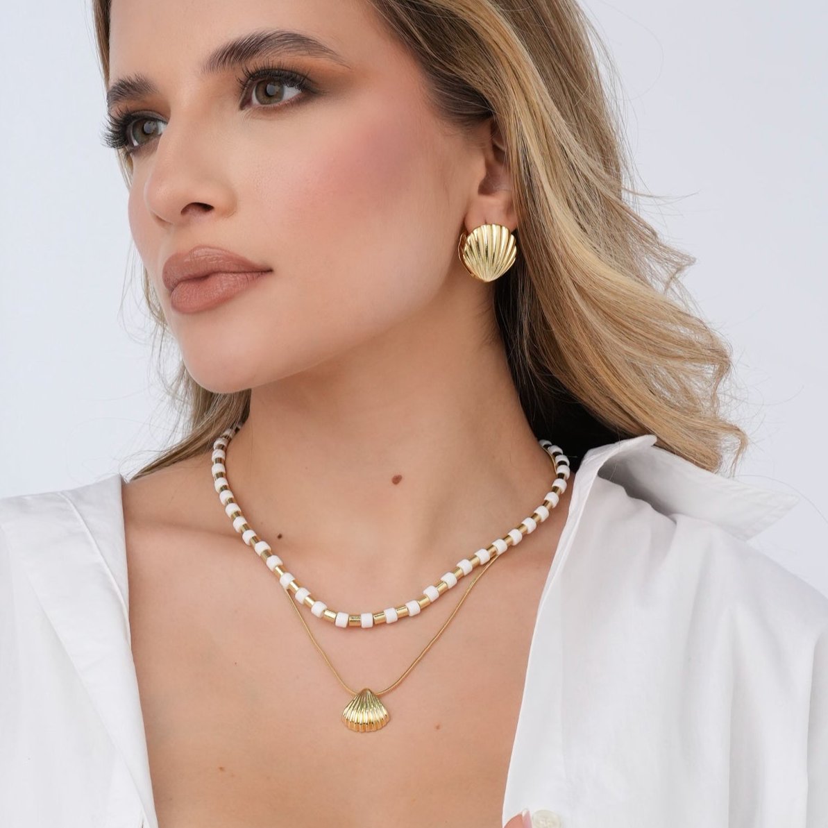 Collar Doble Concha Dorado-Blanco