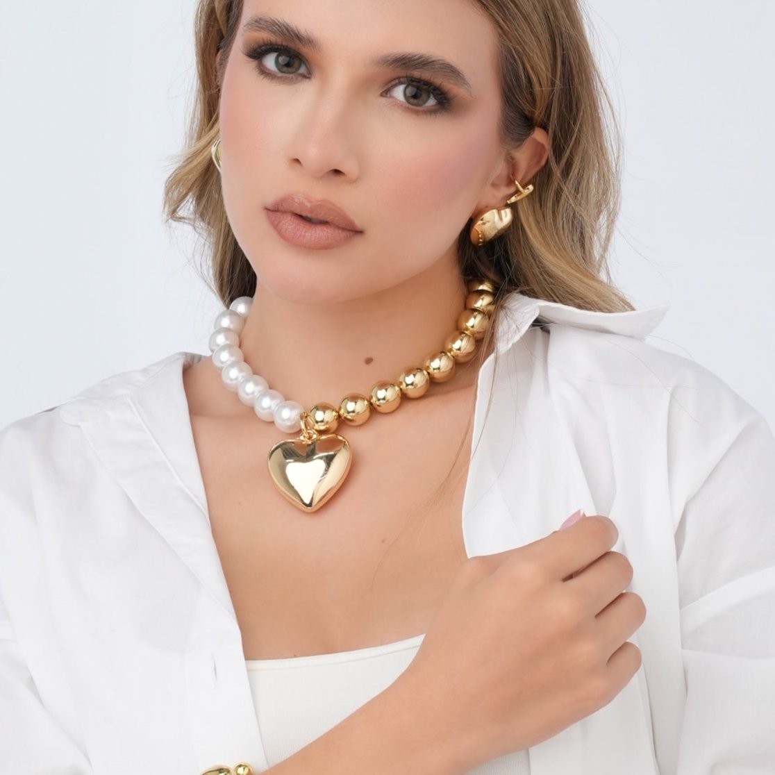 Collar Corazon Perla - Balin Maxi Dorado