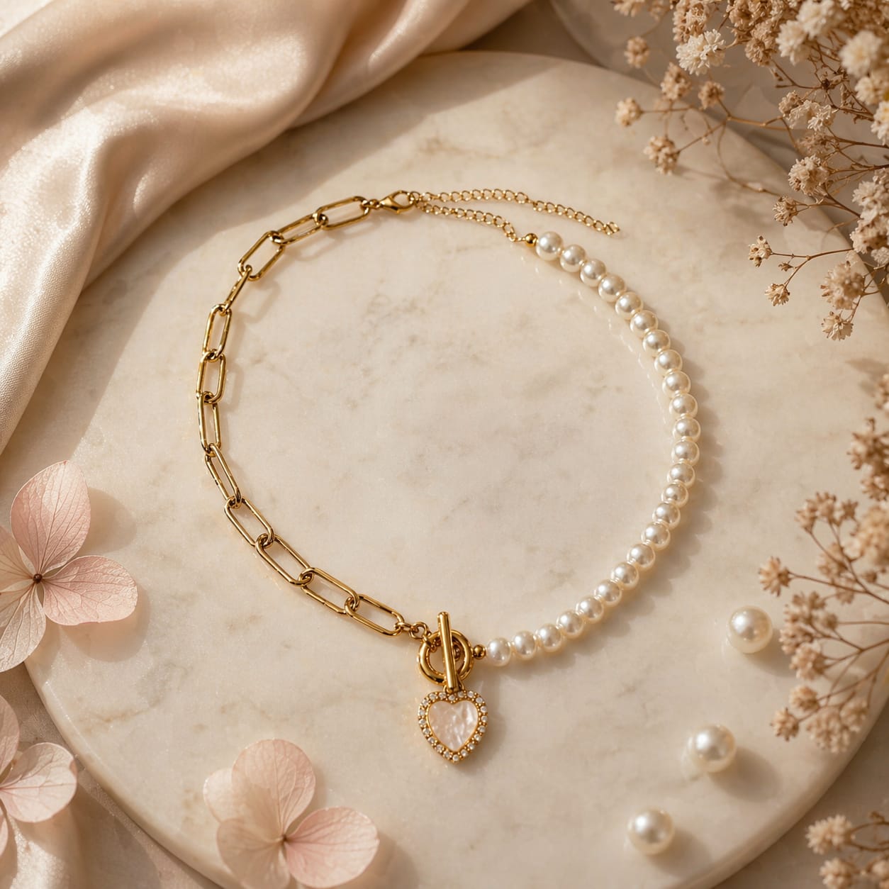 Collar Perla Cadena en Corazón Dorado Florecer - Bambú Rosa Joyas y Accesorios 