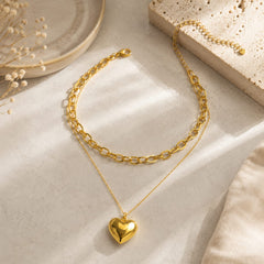 Collar Doble Cadenas Corazón Dorado Florecer - Bambú Rosa Joyas y Accesorios 