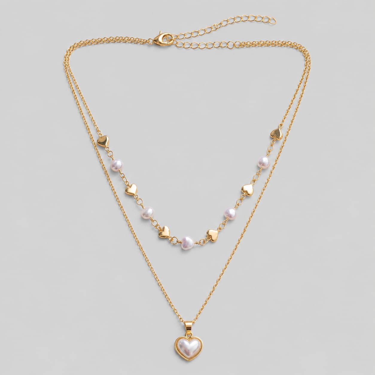 Collar Doble Cadenas Corazón Perla Dorado Florecer - Bambú Rosa Joyas y Accesorios 