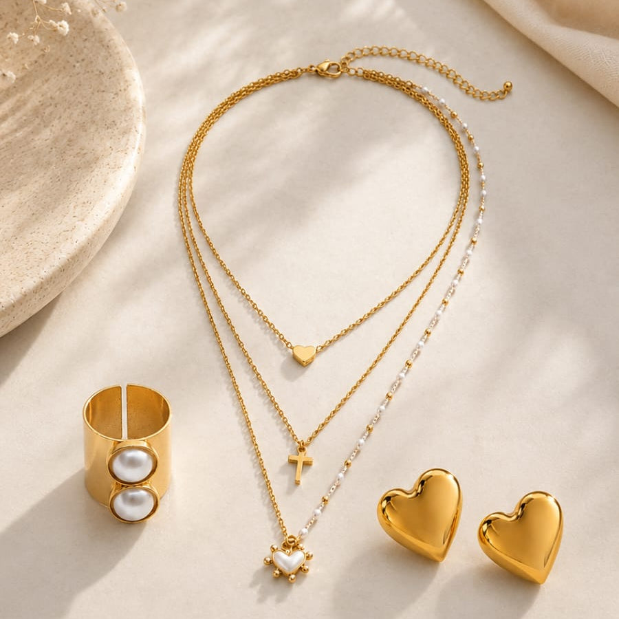 Set Arete Collar y Anillo Perlas Dorado - Bambú Rosa Joyas y Accesorios 