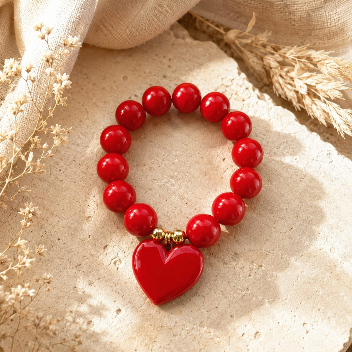 Pulsera Piedras Rojas Dije Corazón Aura