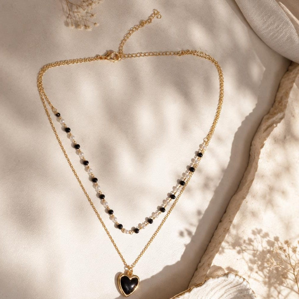 Collar Doble Corazon Dorado con Perla y mostacilla Aura
