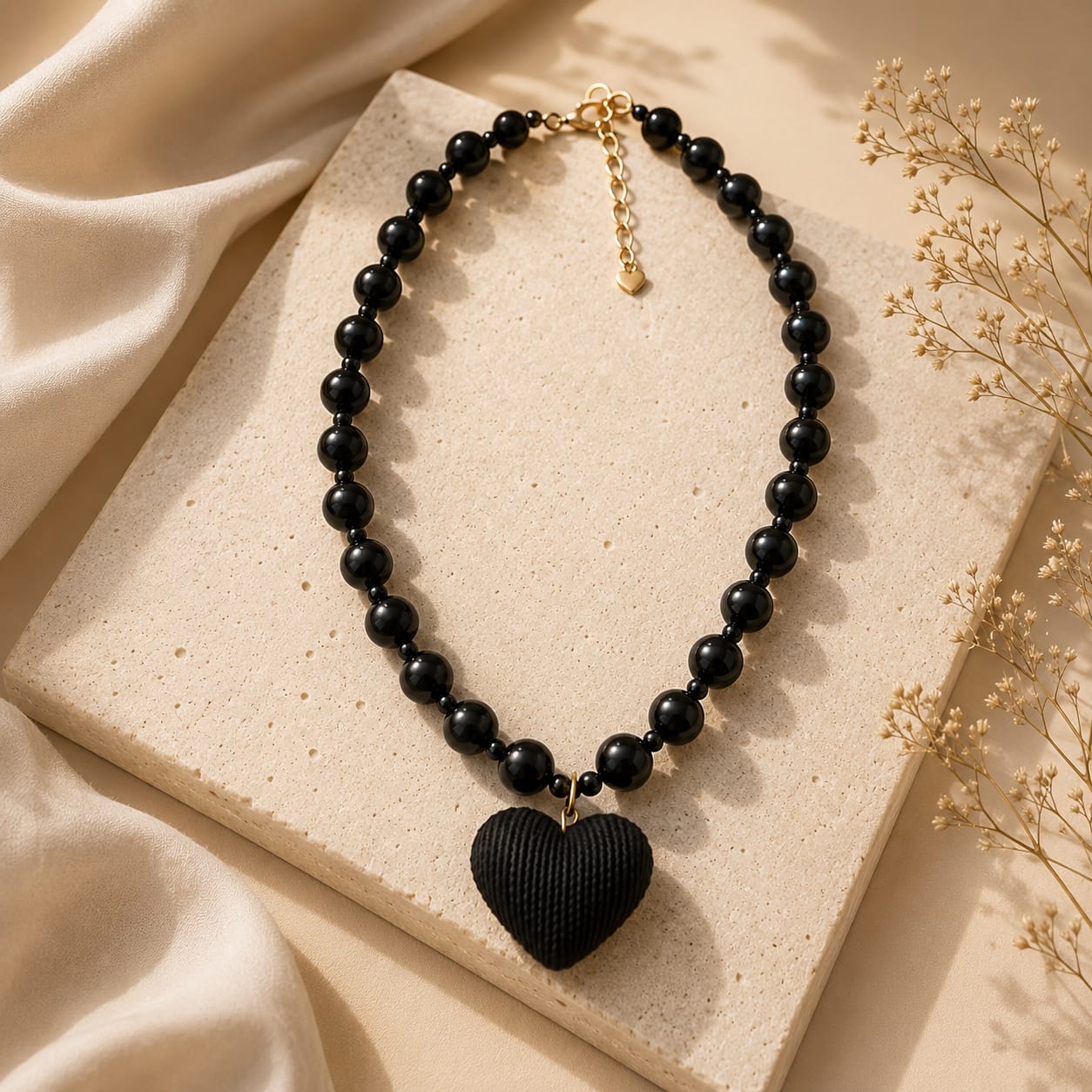 Maxi Collar Ábaco Negro con Corazón Textura Aura - Bambú Rosa Joyas y Accesorios 