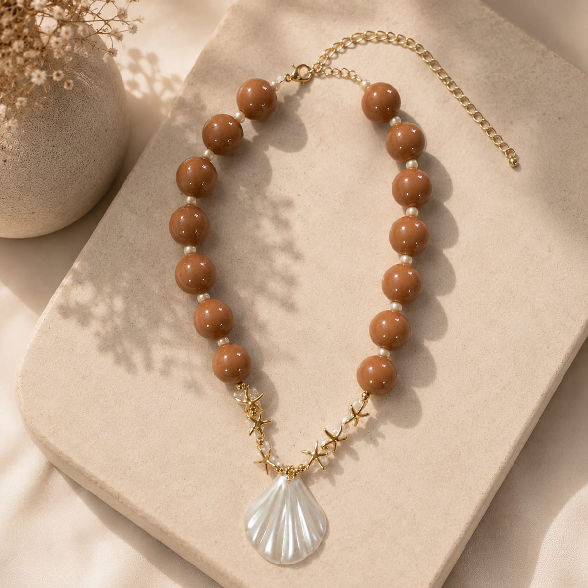 Maxi Collar Ábaco Café Concha y Estrellas Nacár Dorado Aura