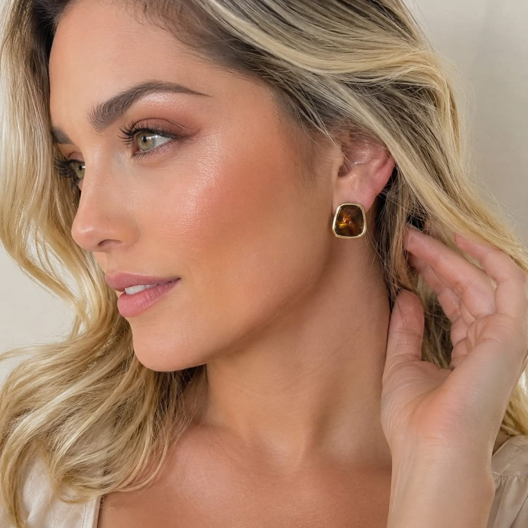 Aretes Maxi Topos Cuadro Piedra Café Aura - Bambú Rosa Joyas y Accesorios 