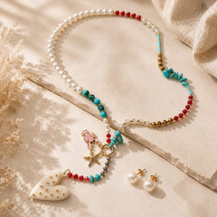 Set Collar Corbatin Piedras y Topo Perla Multicolor Aura - Bambú Rosa Joyas y Accesorios 