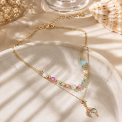 Collar Doble Cadena Multicolor con Dije de Sirena Dorado Aura