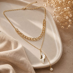 Collar Doble Cadena Dije Nácar Hoja Dorado Aura