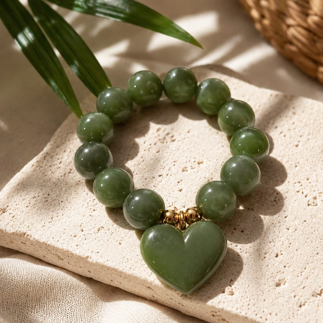 Pulsera Piedras Verde Dije Corazón Aura
