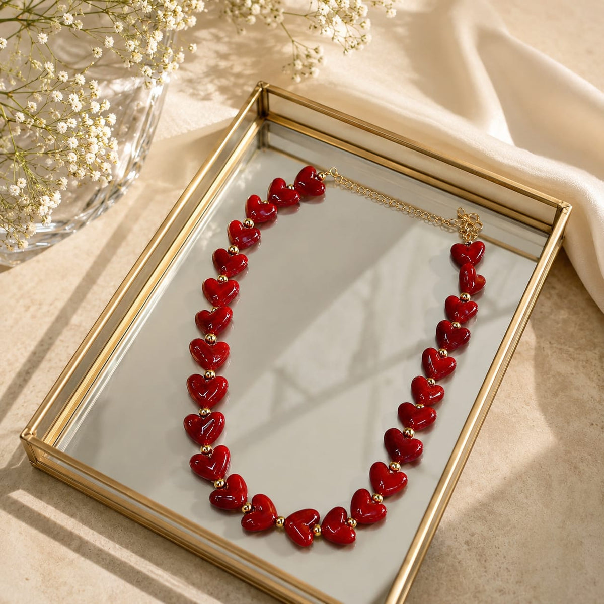 Maxi Collar Piedra Natural Corazones Rojo Aura