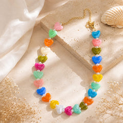 Maxi Collar Piedra Natural Corazones Multicolor Colores Pasteles Aura